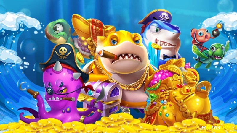 Giao diện chính của game bắn cá với các loài cá và hệ thống súng bắn đa dạng.