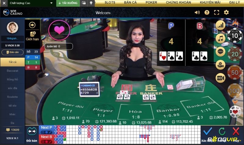 Dealer chia bài trực tiếp trong bàn baccarat online với tính năng tương tác trong một nền tảng chơi bài online uy tín.