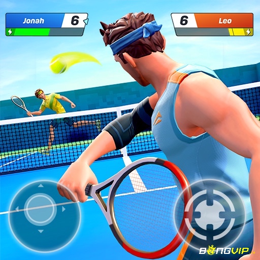 Giao diện điều khiển cơ bản trong Tennis Clash với các nút di chuyển, đánh bóng và thanh thông tin trận đấu