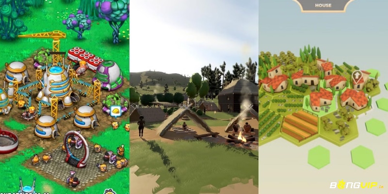 Các cảnh trong game: thành phố hiện đại trong Cities: Skylines, công trình tự do trong Minecraft, và nhà máy tự động trong Factorio.