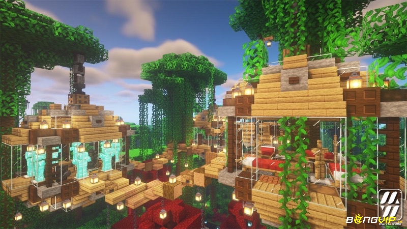 Một công trình kiến trúc đồ sộ trong Minecraft, với người chơi đang xây dựng một lâu đài trên núi, sử dụng các khối vuông đầy màu sắc.
