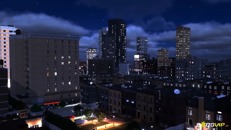 Một thành phố hiện đại trong Cities: Skylines II, với hệ thống giao thông phức tạp, tòa nhà chọc trời và đèn đường lung linh vào ban đêm.
