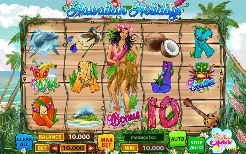 Giao diện chính của game slot Hula Girl với các cô gái hula, biểu tượng hoa hibiscus và cảnh biển Hawaii đầy màu sắc.