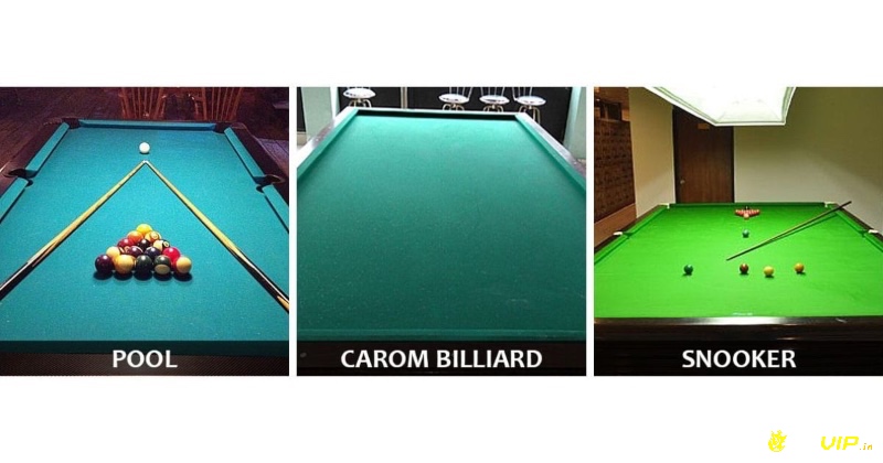 So sánh ba biến thể phổ biến của billiard: Pool, Snooker và Carom với thiết kế bàn và bi đặc trưng.