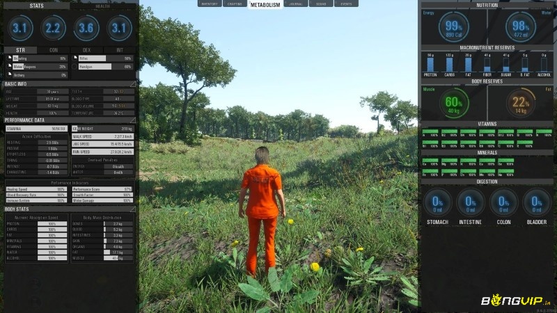 Cấu trúc chi tiết của bảng chỉ số metabolism giúp người chơi theo dõi sức khỏe, dinh dưỡng và thể trạng nhân vật