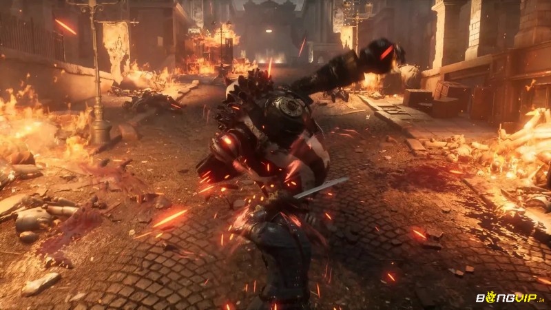 Nhân vật thực hiện Perfect Guard trước đòn đánh của boss trong Lies of P