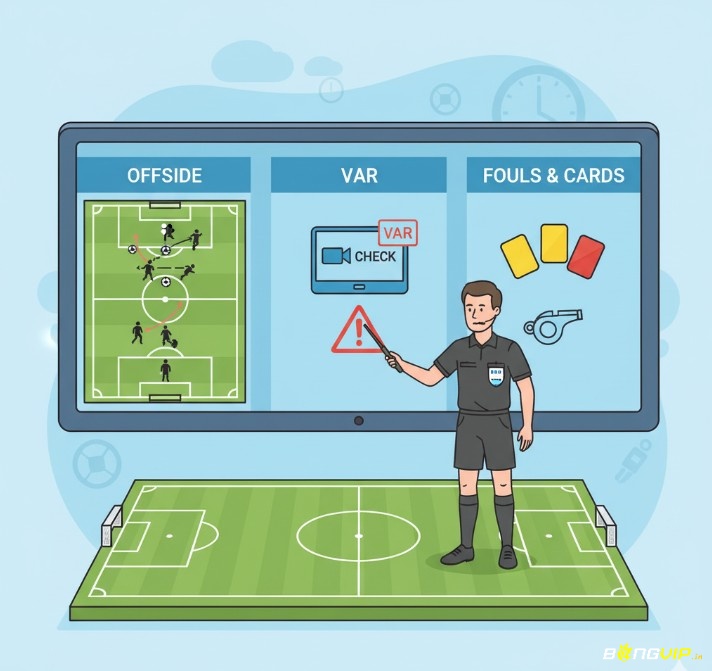 Trọng tài đang giải thích các luật lệ bóng đá như việt vị và VAR trên sân, với các biểu tượng lỗi và công nghệ