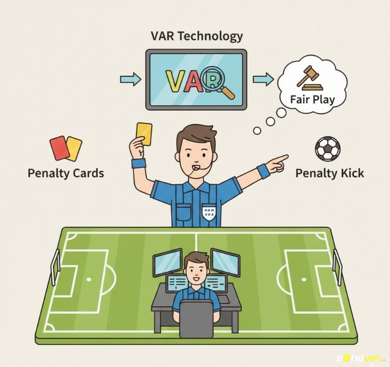 Trọng tài đang sử dụng thẻ phạt, quyết định penalty và công nghệ VAR để đảm bảo trận đấu diễn ra công bằng