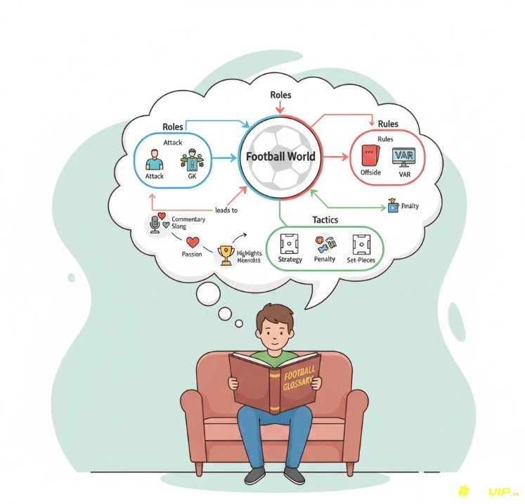 Người hâm mộ đang khám phá thế giới bóng đá rộng lớn với các thuật ngữ bóng đá, vị trí, luật lệ và chiến thuật