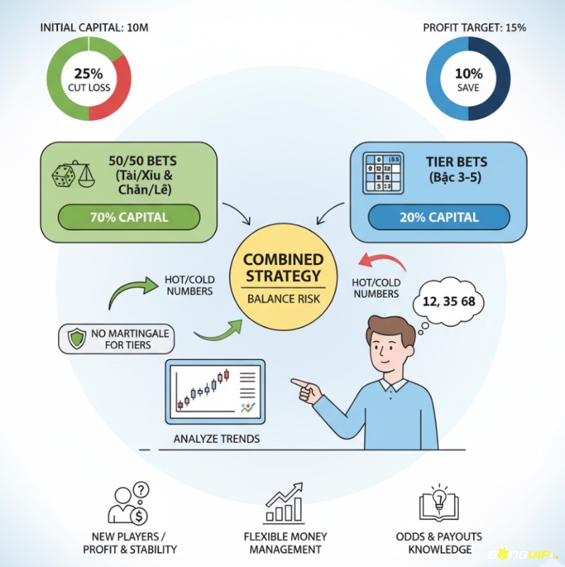 Người chơi Keno kết hợp cược Tài/Xỉu và Keno bậc 3-5, quản lý vốn linh hoạt để tối ưu lợi nhuận và rủi ro
