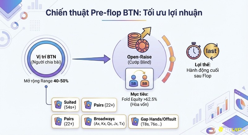 Sơ đồ chiến thuật Pre-flop từ BTN: Open-raise với range 40-50%, tận dụng lợi thế hành động cuối để tối ưu lợi nhuận