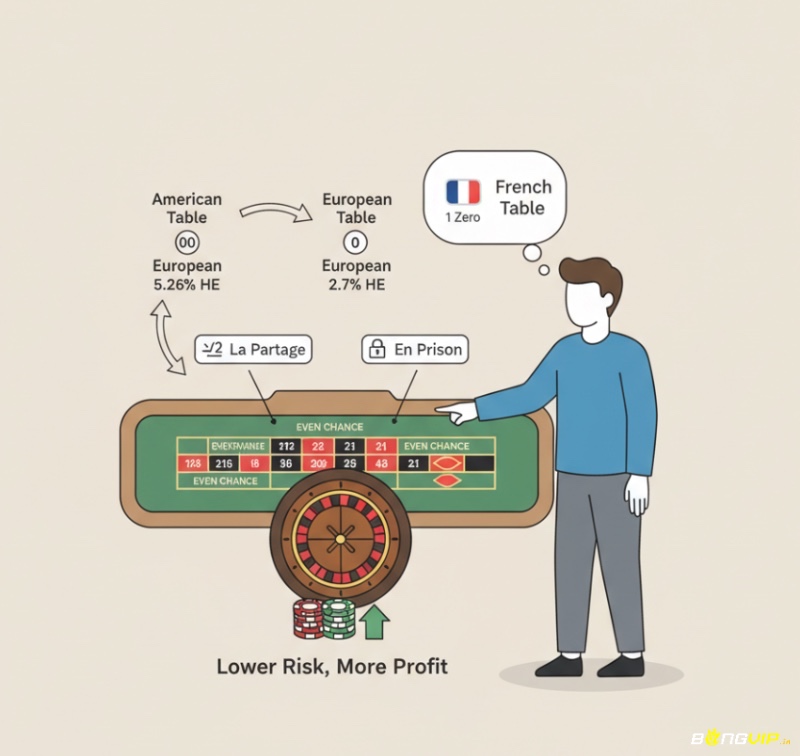 Người chơi roulette lựa chọn bàn Pháp có luật La Partage/En Prison để tối ưu hóa cược ngoài