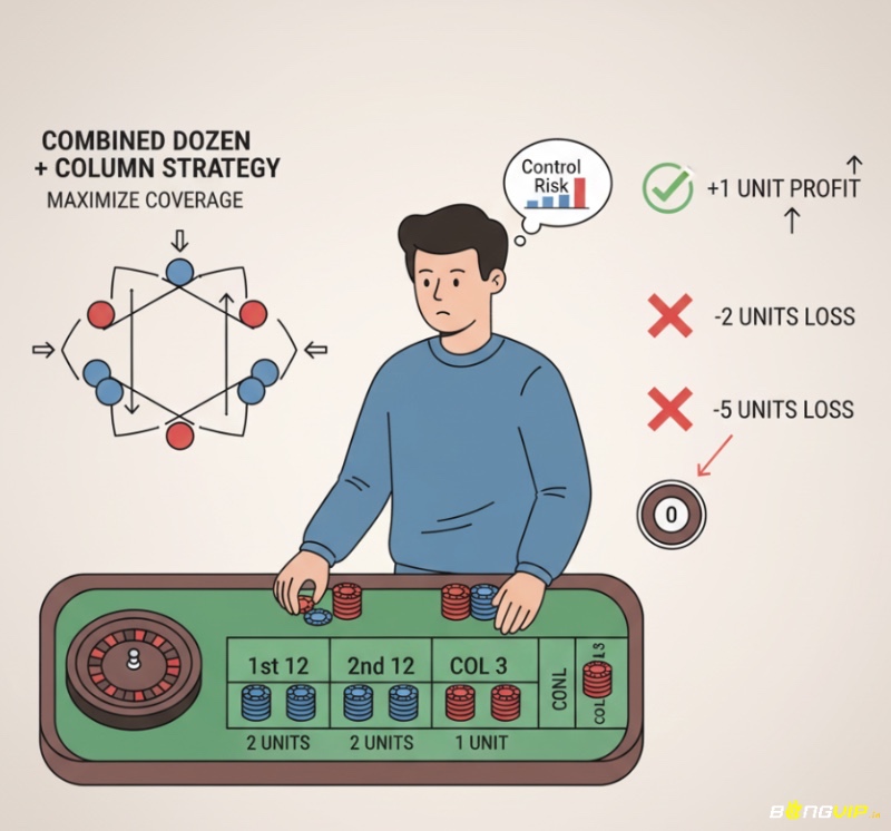 Người chơi roulette kết hợp cược tá và cột để phủ bàn cược, tối ưu hóa độ bao phủ và lợi nhuận