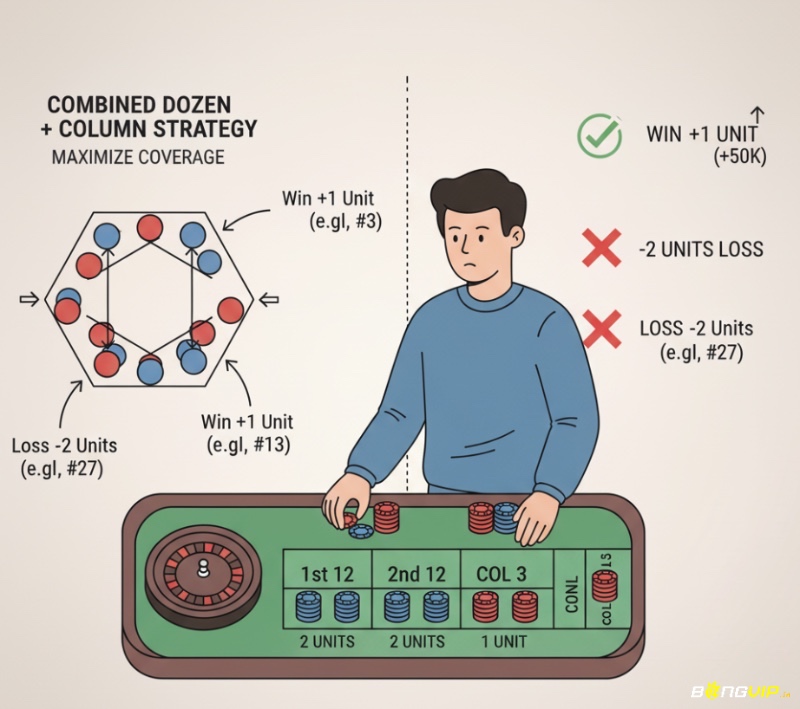 Người chơi roulette đặt cược 2 tá và 1 cột, với các kịch bản thắng thua và lợi nhuận tương ứng