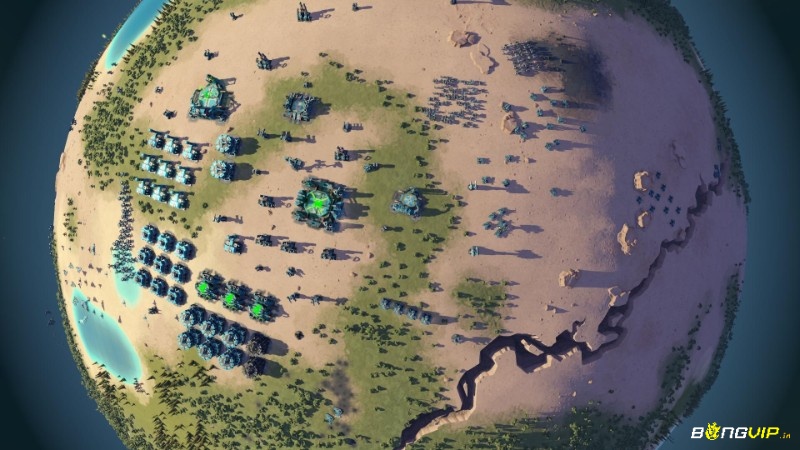 Toàn cảnh hành tinh trong game Planetary Annihilation: TITANS với căn cứ robot và biểu tượng đơn vị