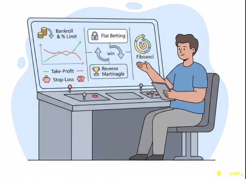 Người chơi cờ bạc quản lý vốn bằng biểu đồ tăng/giảm tiền cược, biểu thị chiến lược cược hiệu quả