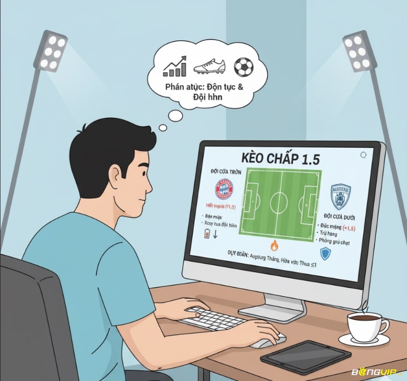 Người đặt cược xem phân tích trận đấu bóng đá trên máy tính, đánh giá động lực và đội hình để đặt kèo chấp 1.5