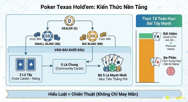 Tổng quan luật chơi Poker Texas Hold'em, giải thích vai trò Dealer, SB, BB, và phân tích xác suất bài tẩy mạnh cần kỹ năng