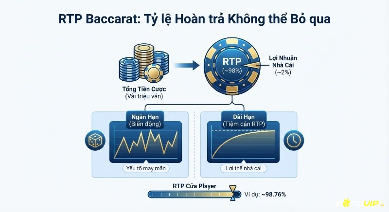 Sơ đồ minh họa khái niệm RTP baccarat là gì, giải thích tỷ lệ hoàn trả và lợi nhuận nhà cái, biến động ngắn hạn, dài hạn, ví dụ RTP cửa Player ~98.76%