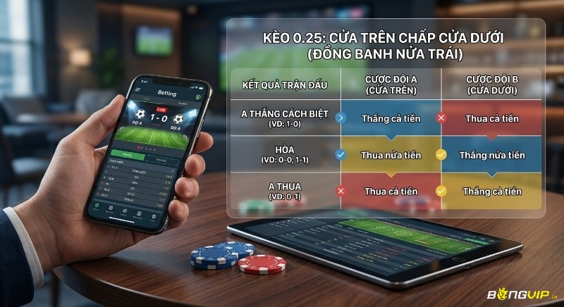 Bảng phân tích kèo một phần tư bóng đá đồng banh nửa trái, hướng dẫn cược thủ thắng thua tiền khi đội cửa trên chấp đội dưới