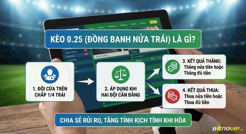 Sơ đồ giải thích kèo một phần tư bóng đá đồng banh nửa trái: cửa trên chấp 1/4, áp dụng khi hai đội cân bằng, chia sẻ rủi ro thắng thua nửa tiền