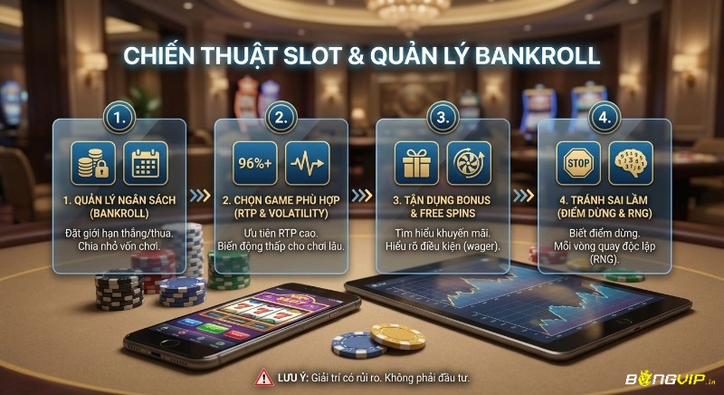 Checklist 4 bước chiến thuật chơi Slot và quản lý bankroll: quản lý ngân sách, chọn game RTP, tận dụng bonus và tránh sai lầm
