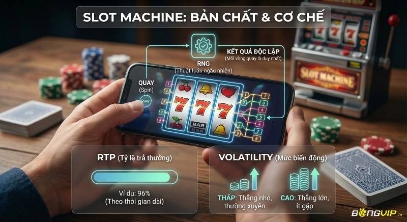 Tổng quan bản chất và cơ chế Slot Machine là gì, làm rõ thuật toán RNG, tỷ lệ RTP (96%) và mức biến động Volatility