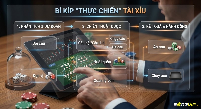 Quy trình 3 bước bí kíp, thực chiến Tài Xỉu, hướng dẫn phân tích dự đoán, áp dụng chiến thuật cược và đánh giá kết quả