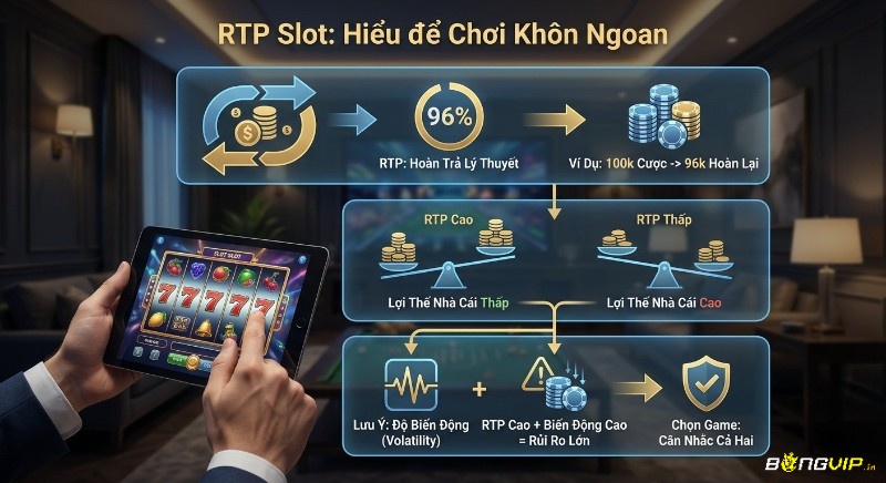 Hướng dẫn cách hiểu RTP slot game (96%) và lợi thế nhà cái, kết hợp độ biến động để chọn game khôn ngoan