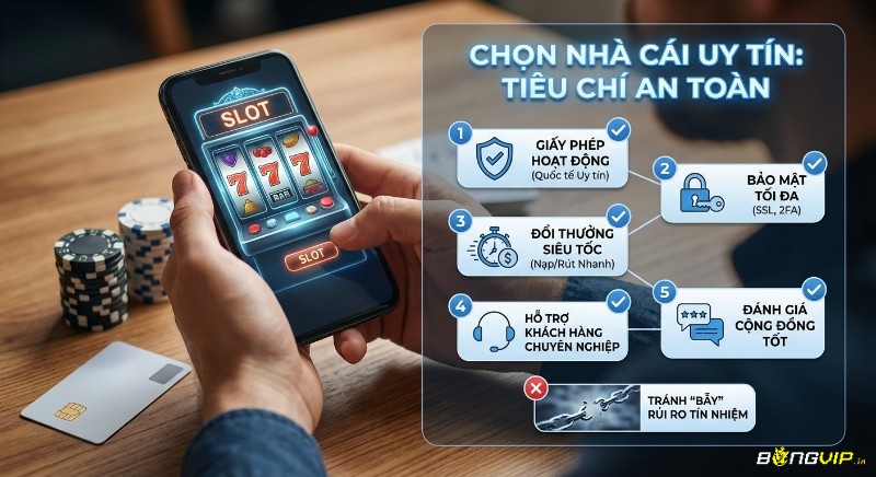Checklist 5 tiêu chí an toàn giúp bạn chọn nhà cái uy tín chơi top game slot rtp cao, bao gồm giấy phép, bảo mật, và tránh bẫy rủi ro tín nhiệm