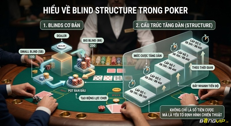 Sơ đồ Blind structure poker là gì chi tiết: cách Small Blind, Big Blind và mức cược tăng dần theo thời gian, định hình chiến thuật