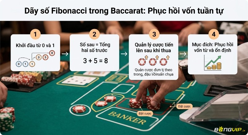 Quy trình 4 bước áp dụng Dãy số Fibonacci trong Baccarat để phục hồi vốn tuần tự, giải thích tạo dãy và tăng cược khi thua