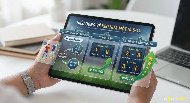 Minh họa kèo nửa một bóng đá (0.5/1) dễ hiểu, chia tiền cược thành kèo 0.5 và kèo 1, giúp biết cách ăn tiền