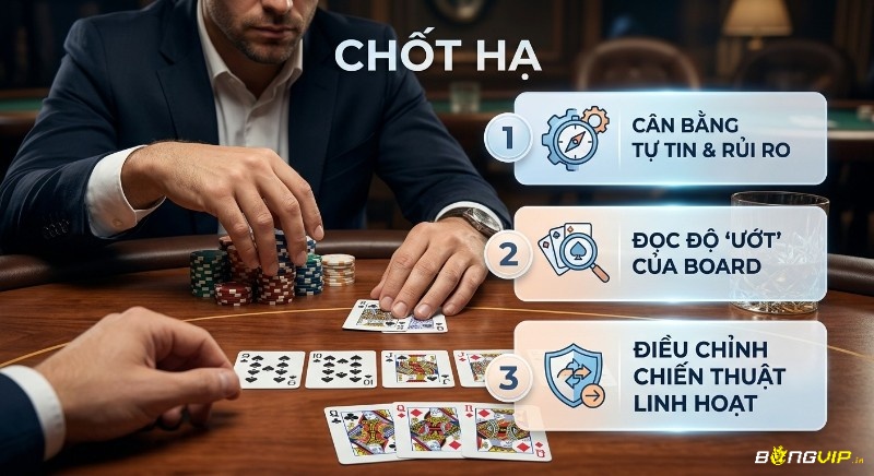 Quy trình 3 nguyên tắc chốt hạ trong poker: cân bằng tự tin, đọc độ 'ướt' của board và điều chỉnh chiến thuật linh hoạt