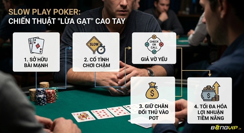 Chiến lược Slow Play 4 bước, sở hữu bài mạnh, cố tình chơi chậm, giả vờ yếu để giữ chân đối thủ, tối đa hóa lợi nhuận