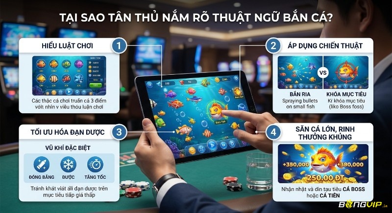 Cẩm nang bắn cá cho tân thủ bao gồm luật chơi, thuật ngữ game bắn cá, chiến thuật bắn ria, khóa mục tiêu và cách tối ưu đạn dược săn cá lớn