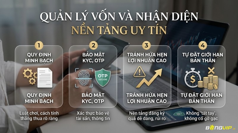 Nhận diện nền tảng uy tín và quản lý vốn thông minh qua 4 bước: quy định minh bạch, bảo mật KYC/OTP, tránh lợi nhuận cao, tự đặt giới hạn