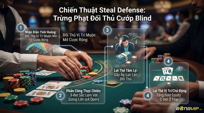 Chiến thuật Steal Defense: 3-bet lớn (x4 open) trừng phạt đối thủ mở cược rộng, tạo áp lực và tăng fold equity C-bet flop