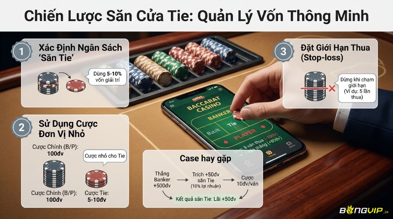 Quản lý vốn khi cược Tie: chỉ dùng 5–10% ngân sách, chia nhỏ mức cược 5–10 đơn vị và dừng lại nếu thua liên tiếp tối đa 5 lần để kiểm soát rủi ro