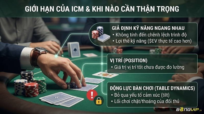 ICM trong poker có những giới hạn nhất định, khi mô hình này không phản ánh kỹ năng người chơi, vị trí trên bàn hay động lực thực tế trong từng tình huống, mà chỉ dựa trên cấu trúc chip và phân phối bài