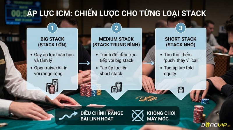 Áp lực ICM trong poker: chiến lược cho big, medium, short stack. Big stack gây áp lực, medium tránh đối đầu, short push tạo fold equity trong icm poker là gì