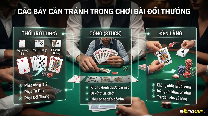 Luật chơi tiến lên miền nam phạt Cóng, Thối, Đền Làng trong chơi bài: Thối khi giữ 2, Tứ Quý, Đôi Thông; Cóng vì không đánh được bài; Đền Làng do không chặt bài cuối