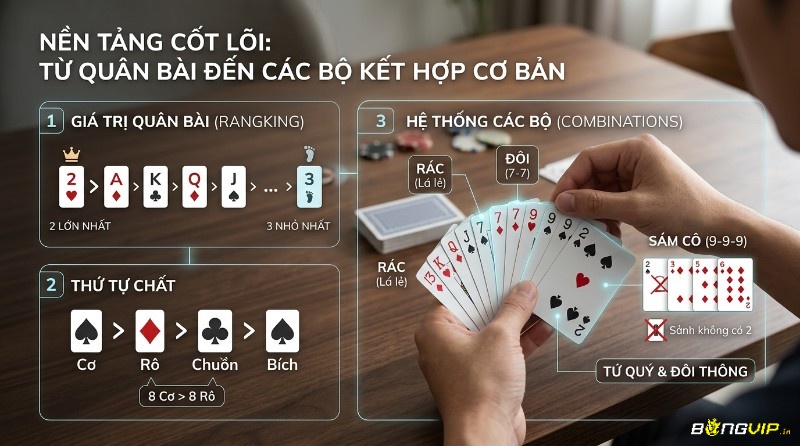 Nền tảng quân bài Tiến Lên Miền Nam: xếp hạng 2>A>K...3, thứ tự chất Cơ>Rô>Chuồn>Bích, các bộ Rác, Đôi, Sám Cô, Sảnh, Tứ Quý, Đôi Thông