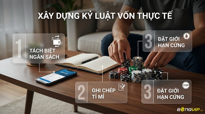 Thiết lập kỷ luật vốn thực tế: tách biệt ngân sách trên điện thoại, ghi chép tỉ mỉ vào sổ và đặt giới hạn cứng với chip poker