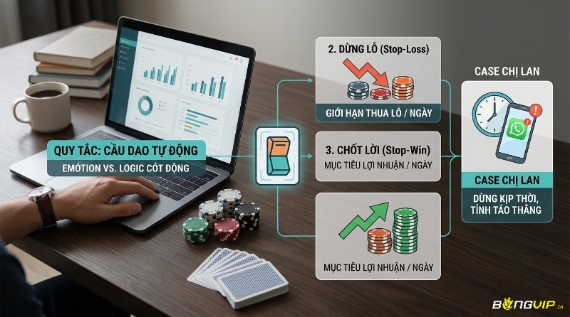 Đặt quy tắc dừng lỗ và chốt lời: cầu dao tự động, giới hạn thua lỗ, mục tiêu lợi nhuận, biểu đồ tài chính, chip poker, ví dụ Chị Lan