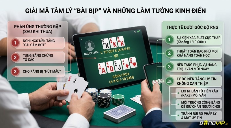 Giải mã tâm lý bài bịp, khi người thua tứ quý K, trước sảnh chúa, nghi ngờ bot và thực tế xác suất thấp của RNG là gì trong online poker