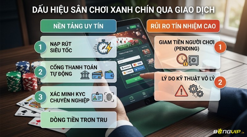 Dấu hiệu sân chơi xanh chín qua giao dịch: nền tảng uy tín nạp rút siêu tốc, cổng tự động, KYC chuyên nghiệp; rủi ro cao giam tiền, lý do kỹ thuật vô lý