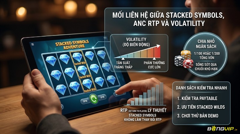 Mối liên hệ Stacked symbols trong slot, RTP, volatility