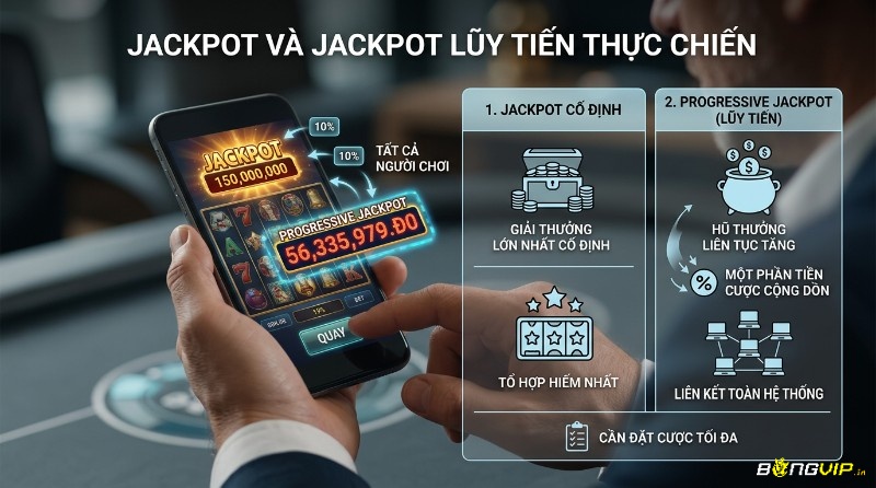 Jackpot và Progressive Jackpot thực chiến: điện thoại hiển thị game slot với Jackpot cố định 150 triệu và hũ lũy tiến 56 triệu từ tiền cược cộng dồn trong thuật ngữ game slot online