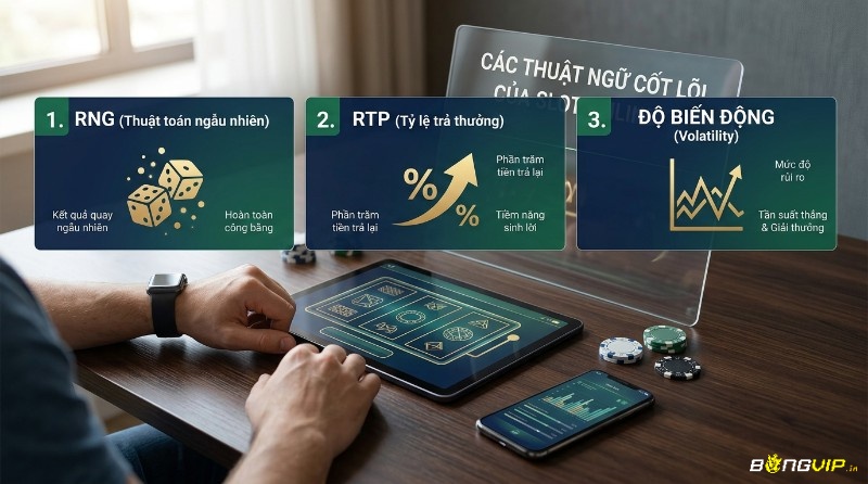 RNG tạo kết quả ngẫu nhiên, RTP là tỷ lệ hoàn trả, Volatility là độ biến động — bộ 3 chỉ số chính để đánh giá rủi ro và lợi nhuận trong slot game